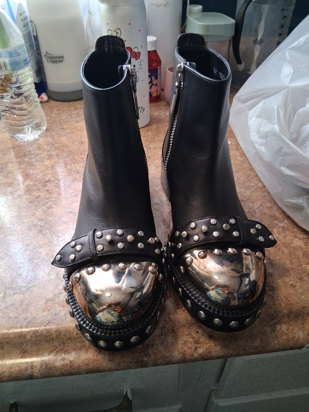 Alexander McQueen Black Leather Ankle Boots with Silver Studded Cap Toes